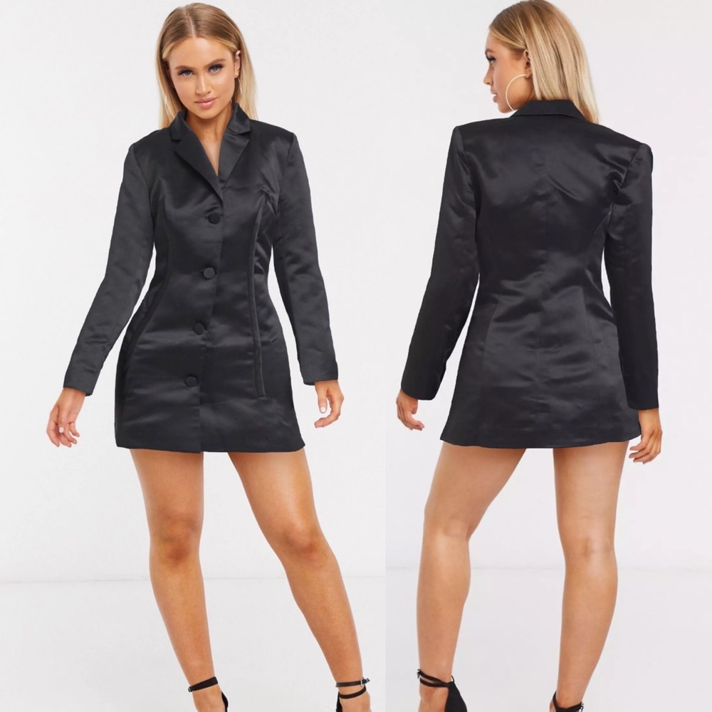 ASOS Design Corset Detail Satin Blazer Dress Black
